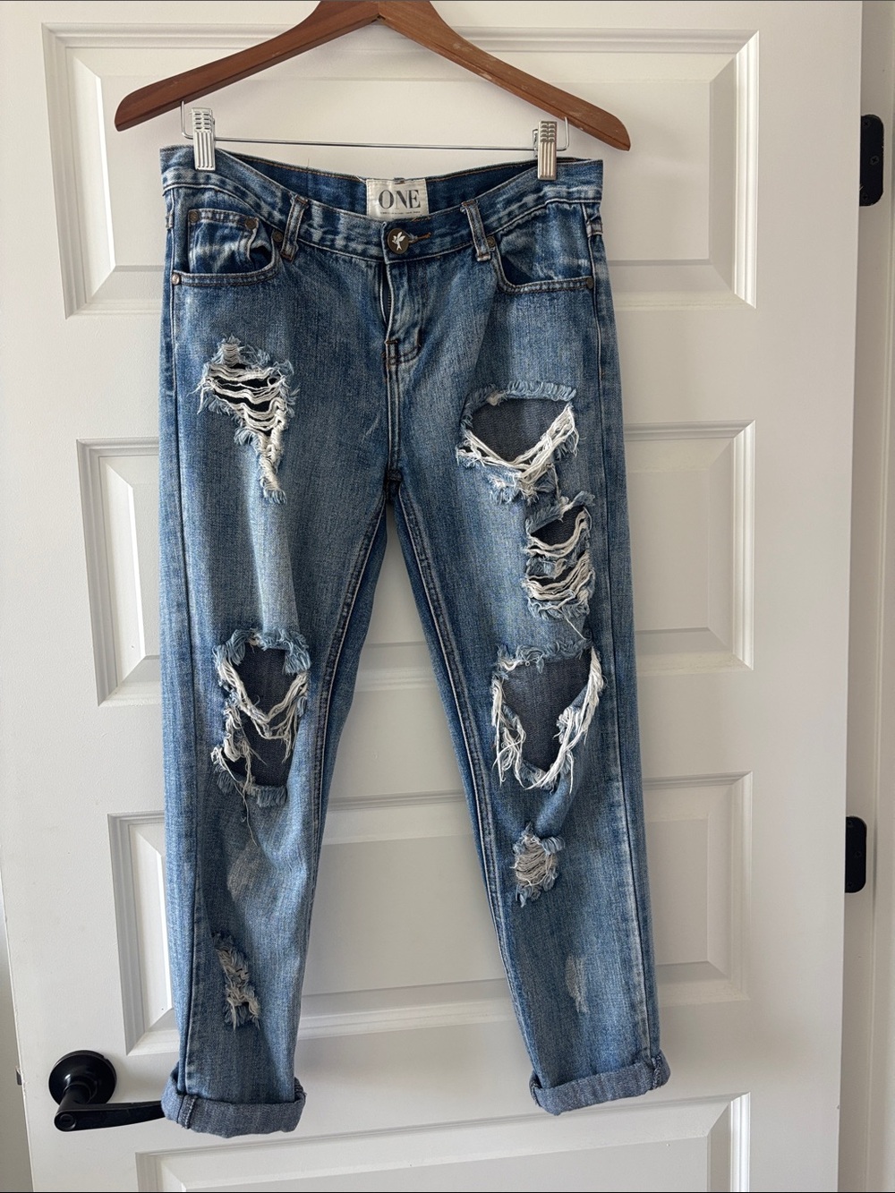 One Teaspoon Distressed Blue Women’s Ripped Denim Cotton Jeans Low Waist Baggies